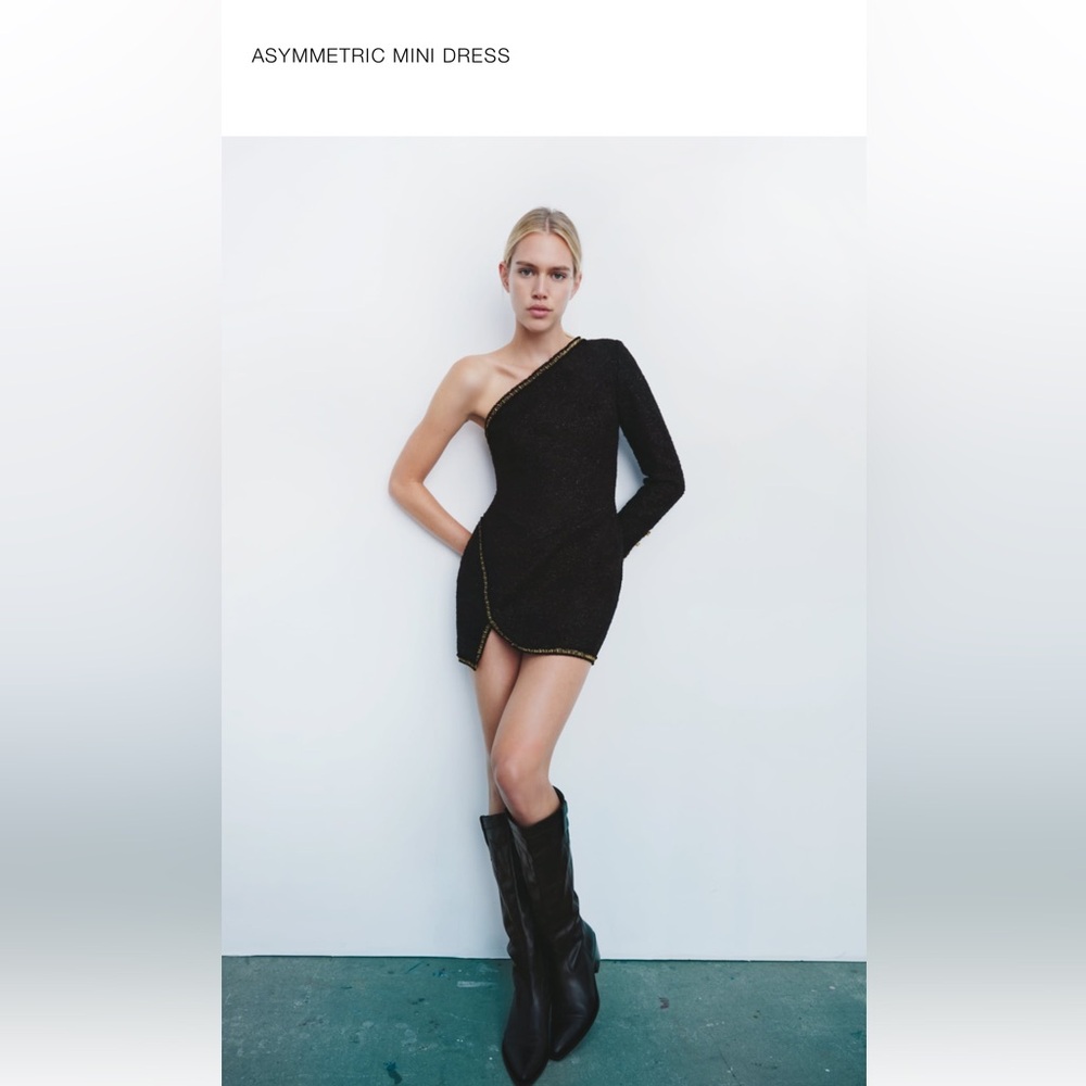 Zara Black & Gold Tweed Aysmetric Mini Dress